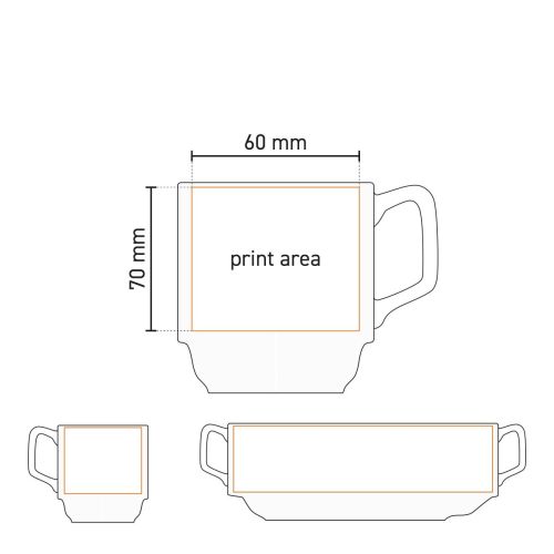 Technische Arbeitszeichnung mit Druckfläche für Logo auf Torino Becher 28 cl. Porzellan.