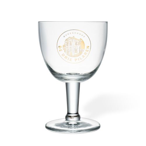 Trappistenglas 25 cl. mit einfarbigem Golddruck des Logos der Drei Säulen auf der Vorderseite.