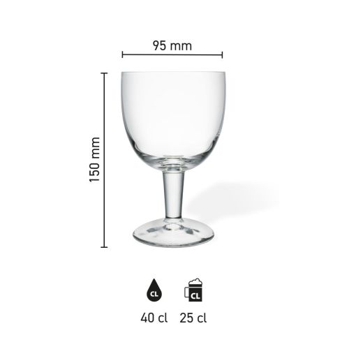 Die Infografik zeigt die Höhe und Breite des Trappistenglases 25 cl mit Markierungen für die Zapfgröße.