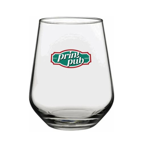 Tumbler Allegra 34,5 cl. mit mehrfarbigem PrintPub-Logo auf der Vorderseite des Glases.