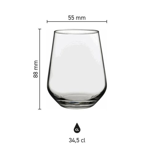 Infografik zeigt die Höhe und den Durchmesser des Tumbler Allegra 34,5 cl. mit Skala.