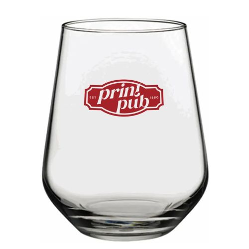 Tumbler 42,5 cl Allegra mit einfarbig gedrucktem PrintPub-Logo auf der Vorderseite, gut sichtbar auf dem Glas.