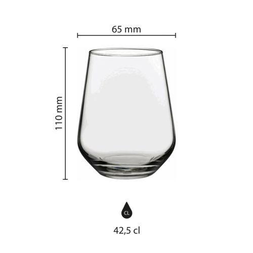 Infografik zeigt die Abmessungen des Tumbler 42,5 cl Allegra einschließlich Höhe und Durchmesser.