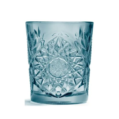 Blauer Becher Onis Hobstar 35 cl Glas mit geschliffenem Sternmuster, Vorderansicht ohne Druck