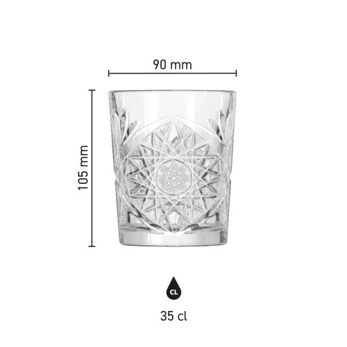 Größe des Bechers Onis Hobstar 35 cl Glas mit Höhe, Durchmesser und Fassungsvermögen in Infografik