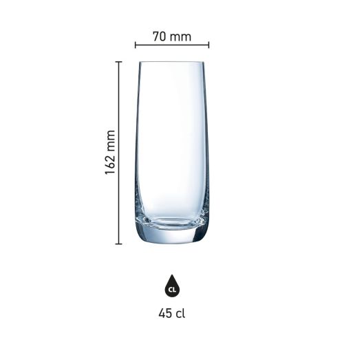 Infografik mit den Abmessungen des Vigne-Glases 45 cl. einschließlich Höhe und Durchmesser.