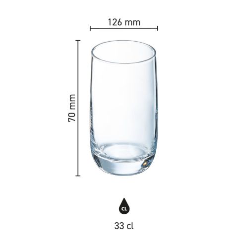 Infografik mit den Produktabmessungen des Bechers Vigne 33 cl, mit Höhe, Durchmesser und Fassungsvermögen des Glases.