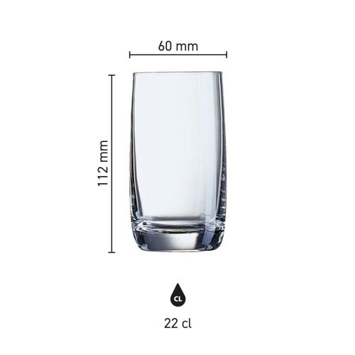 Technische Zeichnung mit Abmessungen des Vigne Wasserglases 22 cl, einschließlich Höhe und Durchmesser.