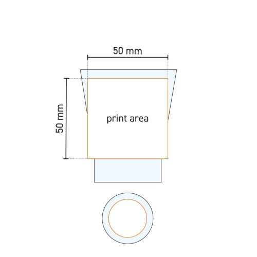 Technische Zeichnung des Wasserglases Caffeine 9 cl mit markiertem Druckbereich für die Bedruckung.