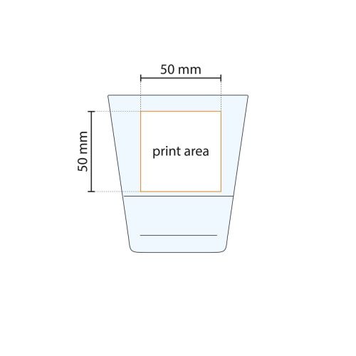 Technische Zeichnung des Wasserglases 31 cl mit markierter Druckfläche für den Logo- oder Textdruck.