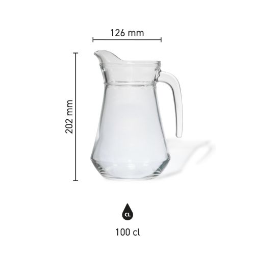 Die Infografik zeigt Höhe, Durchmesser und Fassungsvermögen der Wasserkrug Broc Arc 1,0- Liter.
