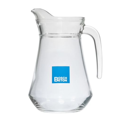 Krug Broc Arc 1,3 Liter Glas mit BoschBeton Logo in mehreren Farben auf der Vorderseite, klar und dicht bedruckt