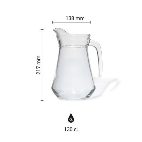 Die Grafik zeigt Höhe, Durchmesser und Fassungsvermögen der Wasserkrug Broc Arc 1,3 Liter.