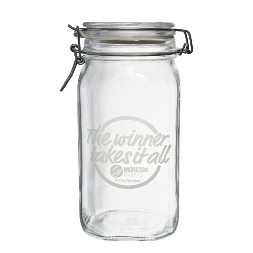 Einweckglas 1,5 Liter Fido aus Glas, quadratisch, aus Glas, mit eingraviertem Monster-Events-Logo auf der Vorderseite