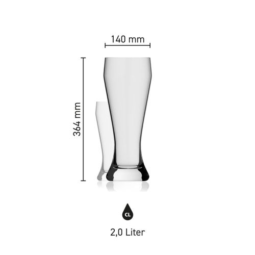 Maße des Weizenbierglas XXL 2,0 Liter mit Höhe, Durchmesser und Fassungsvermögen in einer Infografik