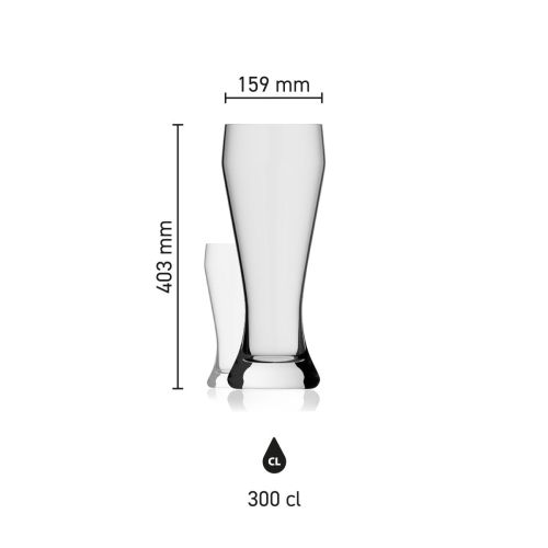 Maße des Weizenbierglas XXL, 3,0 Liter Glas  mit Höhe, Durchmesser und Fassungsvermögen in einer Infografik