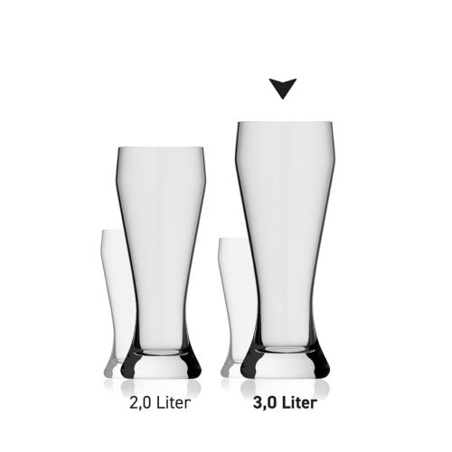 Weizenbierglas XXL, 3,0 Liter Glas aus einer Serie, mehrere Exemplare nebeneinander abgebildet