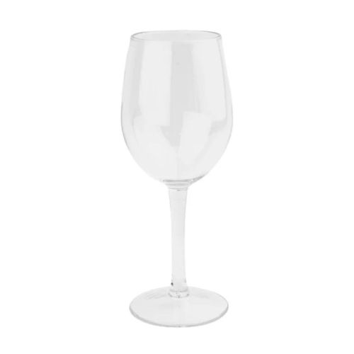 Transparentes 35-cl-Kunststoffweinglas in gerader Frontansicht, geeignet für Veranstaltungen und den Außeneinsatz.