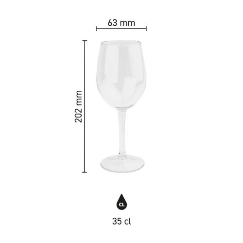 Infografik des 35-cl-Plastikweinglases mit Angaben zu Höhe und Durchmesser.