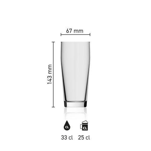 Maße des Willibecher Bierglas 33 cl. mit Höhe, Durchmesser und Fassungsvermögen in einer Infografik