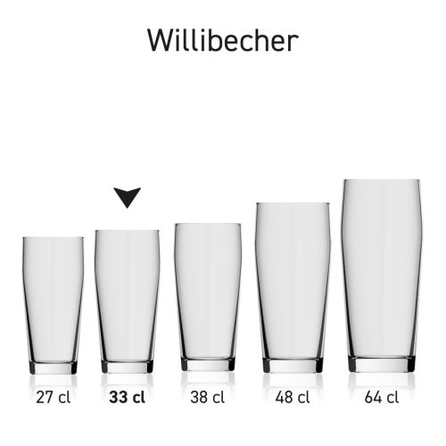 Willibecher Bierglas 33 cl. mit Bier gefülltes Glas, Produktfoto vor weißem Hintergrund