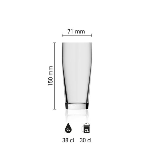 Maße des Willibecher-Glases (38 cl) mit Höhe, Durchmesser und Fassungsvermögen in einer Infografik