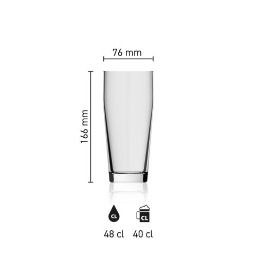 Maße des Willibecher 48 cl. transparentes Glas mit Höhe, Durchmesser und Fassungsvermögen in einer Infografik