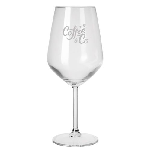 Allegra Weinglas 49 cl. mit klarer Front und eingraviertem CoffeeCo-Logo in der Mitte der Glasoberfläche.