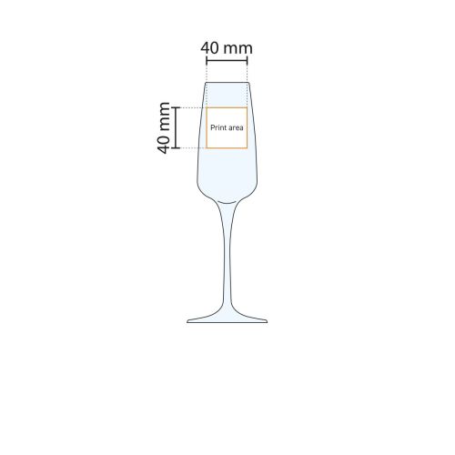 Arbeitszeichnung des Druckbereichs der Aurum Champagnerflöte 23 cl, zeigt Druckposition und Größe.