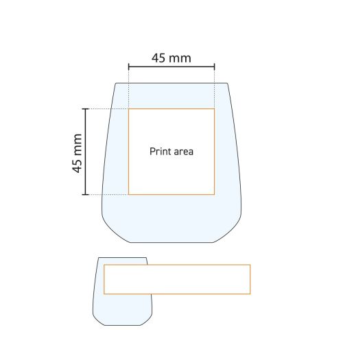 Technische Arbeitszeichnung, die den Druckbereich des Aurum Tumbler 37 cl Wasserglases zeigt. Technische Arbeitszeichnung, die den Druckbereich des Aurum Tumbler 37 cl Wasserglases zeigt.