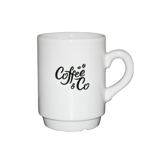 Weißer 20-cl-Porzellan-Automatenbecher mit einfarbigem CoffeeCo-Logo auf der Vorderseite.