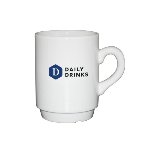 Automatenbecher aus weißem Porzellan 20 cl. mit mehrfarbigem DailyDrinks-Logo auf der Vorderseite.