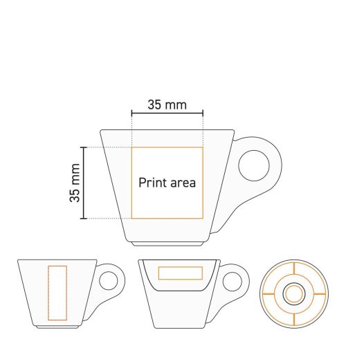 Technische Arbeitszeichnung der Druckfläche auf Baristo Espresso 8 cl. SET Porzellan, Tasse und Untertasse.