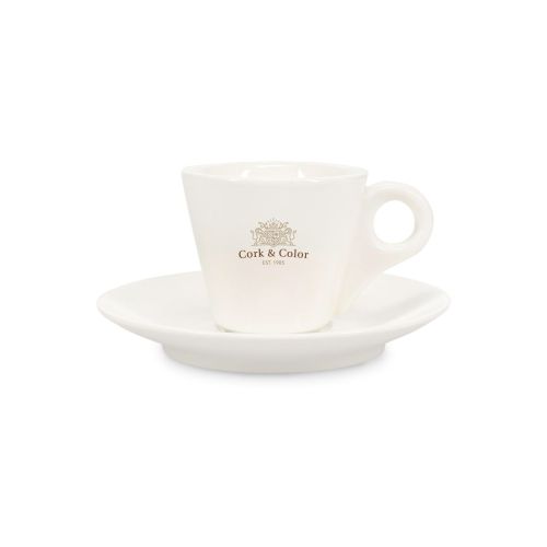 Baristo Espresso SET 8 cl. mit mehrfarbigem CorkColor Logo auf der Porzellantasse, Vorderansicht.