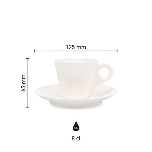 Infografik zeigt Höhe, Durchmesser und Fassungsvermögen von Baristo Espresso 8 cl. SET Porzellan.