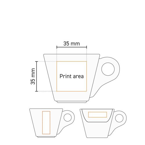 Zeichnung der Druckfläche der Baristo Espressotasse 8 cl, mit Angabe der Logoposition und des maximalen Aufdrucks.