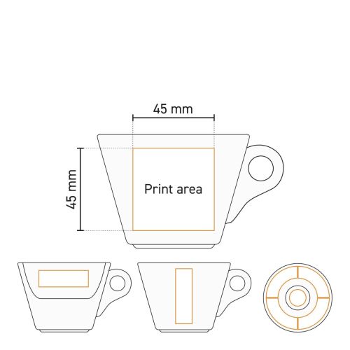 Detaillierte Arbeitszeichnung der Druckfläche für den Druck auf Baristo Coffee 16 cl. SET Porzellan.