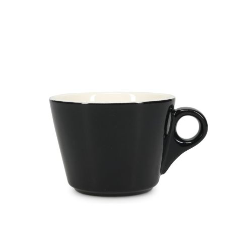 Vorderansicht der Baristo Kaffeetasse 16 cl. aus schwarzem und weißem Porzellan mit klassischem runden Design.