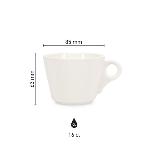 Infografik mit detaillierten Produktabmessungen der Baristo Kaffeetasse 16 cl. Porzellan.