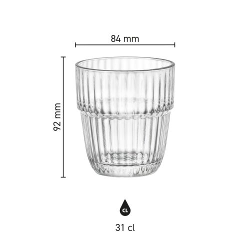 Das Bild zeigt die Höhe und den Durchmesser von Barshine Tumbler Glas 31 cl in einer technischen Infografik.