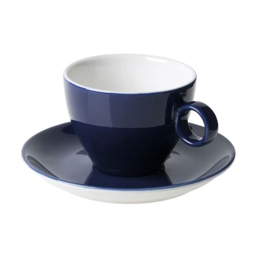 Vorderansicht von Bart Cappuccino 23 cl. Set aus blauem und weißem Porzellan, mit runder Form und stabilem Ohr. Vorderansicht von Bart Cappuccino 23 cl. Set aus blauem und weißem Porzellan, mit runder Form und stabilem Ohr.
