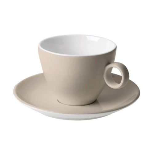 Vorderansicht von Bart Cappuccino 23 cl. Set aus braunem und weißem Porzellan, mit runder Form und stabilem Ohr. Vorderansicht von Bart Cappuccino 23 cl. Set aus braunem und weißem Porzellan, mit runder Form und stabilem Ohr.
