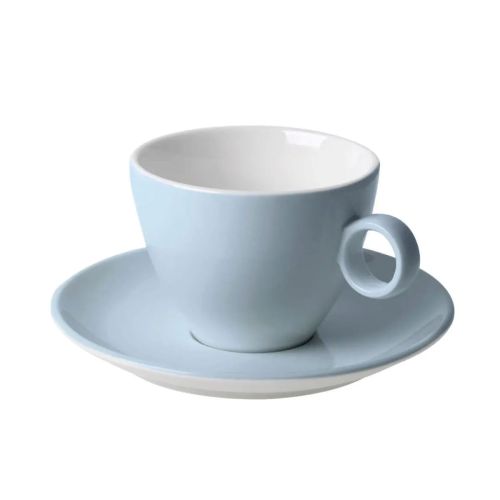 Vorderansicht von Bart Cappuccino 23 cl. Set aus hellblauem und weißem Porzellan, mit runder Form und stabilem Griff. Vorderansicht von Bart Cappuccino 23 cl. Set aus hellblauem und weißem Porzellan, mit runder Form und stabilem Griff.