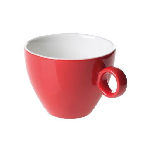 Rot-weiße Bart Cappuccinotasse 23 cl aus Porzellan, Vorderansicht mit leicht konischer Form und glatter Oberfläche. Rot-weiße Bart Cappuccinotasse 23 cl aus Porzellan, Vorderansicht mit leicht konischer Form und glatter Oberfläche.