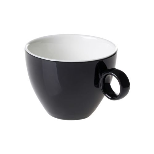 Schwarz-weiße Bart Cappuccinotasse 23 cl aus Porzellan, Vorderansicht mit leicht konischer Form und glatter Oberfläche. Schwarz-weiße Bart Cappuccinotasse 23 cl aus Porzellan, Vorderansicht mit leicht konischer Form und glatter Oberfläche.
