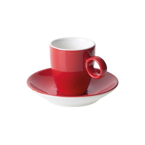 Frontal Bild der roten und weißen Bart Espresso 6,5 cl. SET mit glatter Oberfläche. Frontal Bild der roten und weißen Bart Espresso 6,5 cl. SET mit glatter Oberfläche.