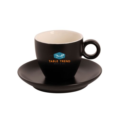 Vorderansicht der matten Porzellan-Kaffeetassen 17 cl mit TableTrend-Logo in verschiedenen Farben. Vorderansicht der matten Porzellan-Kaffeetassen 17 cl mit TableTrend-Logo in verschiedenen Farben.