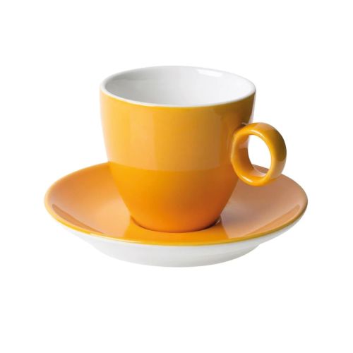 Vorderansicht von Bart Coffee 17 cl aus orange-weißem Porzellan mit einfacher zylindrischer Form. Vorderansicht von Bart Coffee 17 cl aus orange-weißem Porzellan mit einfacher zylindrischer Form.