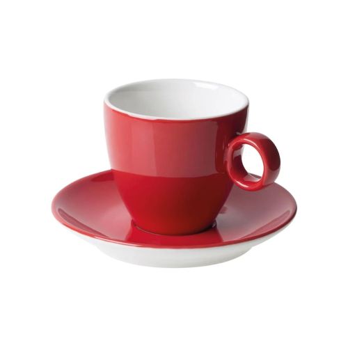 Vorderansicht von Bart Coffee 17 cl Set aus rotem und weißem Porzellan mit einfacher zylindrischer Form. Vorderansicht von Bart Coffee 17 cl Set aus rotem und weißem Porzellan mit einfacher zylindrischer Form.