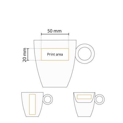 Technische Zeichnung der Bart Kaffeetasse 17 cl. zeigt Position und Größe des Druckbereichs. Technische Zeichnung der Bart Kaffeetasse 17 cl. zeigt Position und Größe des Druckbereichs.